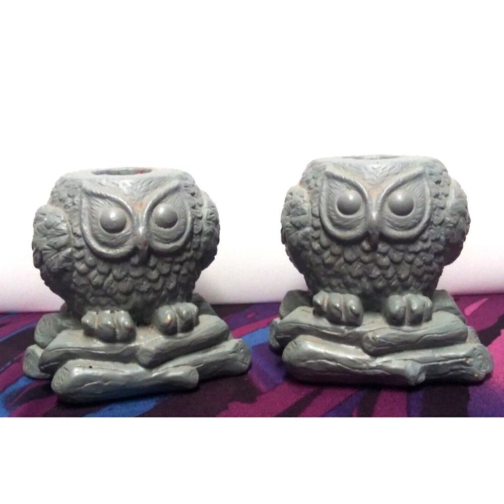 VTG 1976 Owl Candlestick Holders PAIR Ann's Originals gray chalkware LOT OF 2